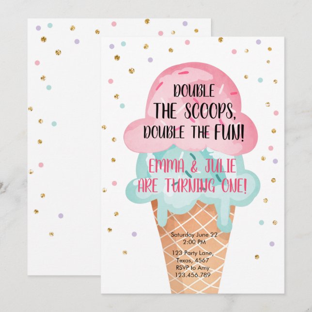 Ice Cream Twin Birthday Pink Mint Cone Confetti Invitation (Front/Back)