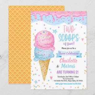 Ice Cream Twins Boy Girl Birthday Party Pink Blue Invitation