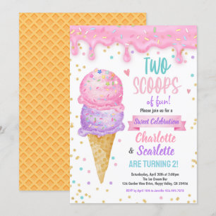 Ice Cream Twins Girl Birthday Party Pink Purple Invitation