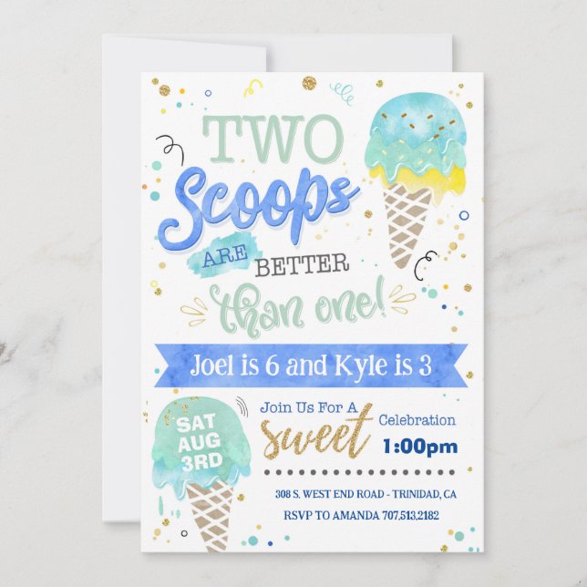 Ice Cream Two Scoops Birthday Invitation Boys (Front)