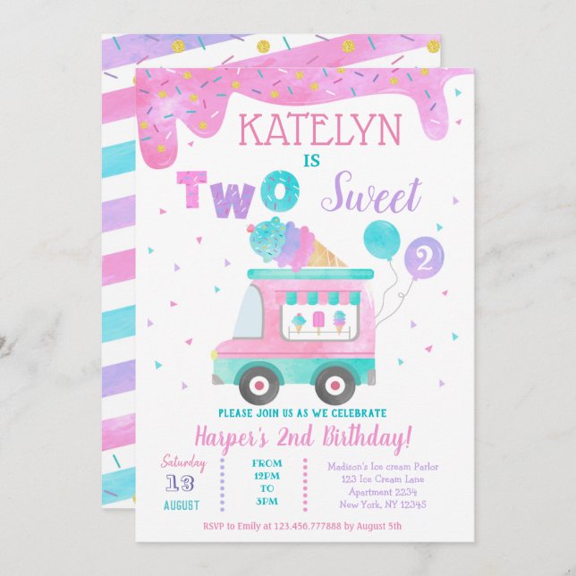 Ice Cream Two Sweet 2nd Birthday Invitations (Front/Back)
