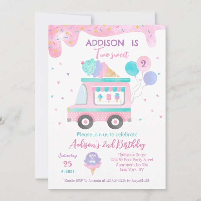 Ice Cream Two Sweet 2nd Birthday Party Invitations (Front)