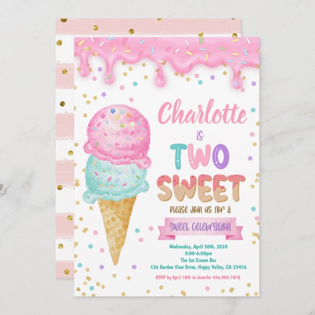 Ice Cream Two Sweet 2nd Birthday Party Pink Mint Invitation (Front/Back)