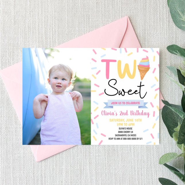Ice Cream Two Sweet 2nd Second Birthday Party Invitation (Creator Uploaded)