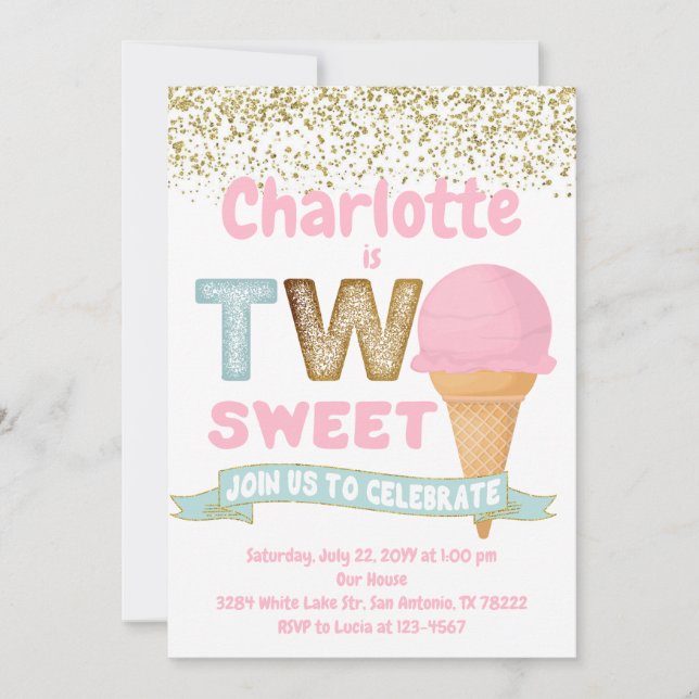 Ice Cream Two Sweet Gold Sprinkles 2nd Birthday In Invitation (Front)