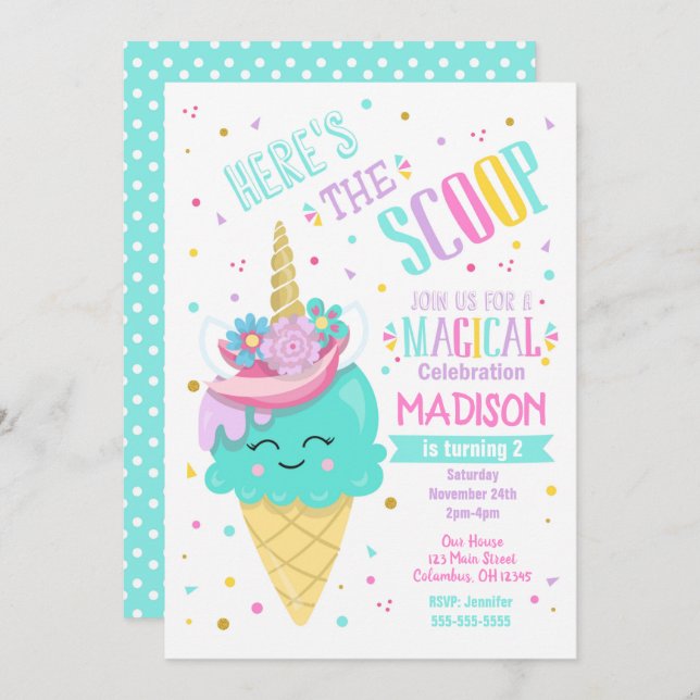 Ice Cream Unicorn Birthday Invitation Magical (Front/Back)