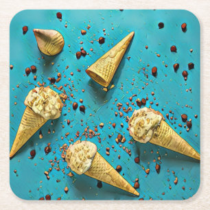 Ice cream waffle cones square paper coaster