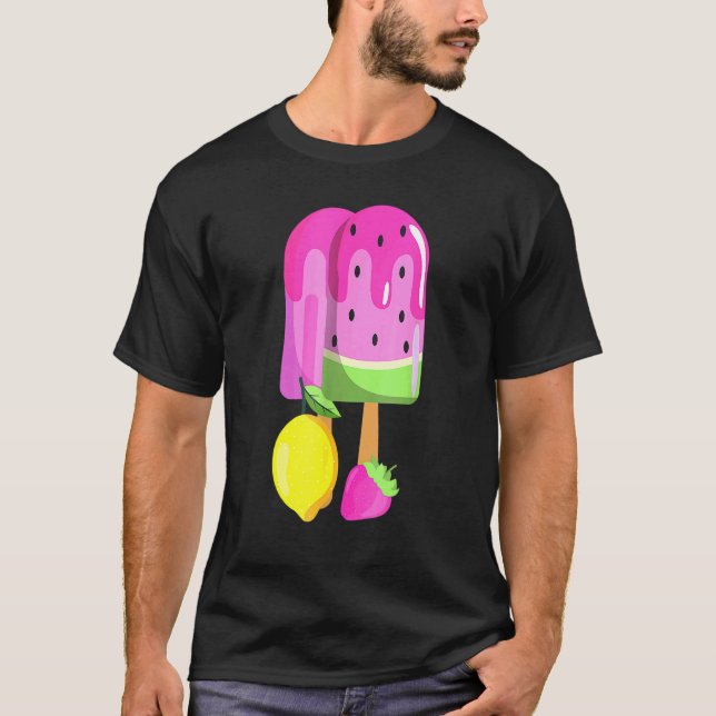 Ice Cream Watermelon Strawberry Lemon Ice Pop Pink T-Shirt (Front)