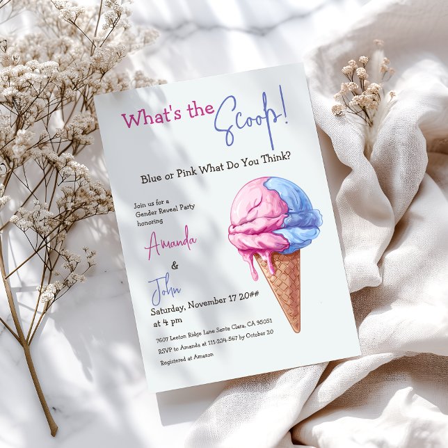 Ice Cream What's The Scoop Blue Pink Gender Reveal Invitation (Creator Uploaded)
