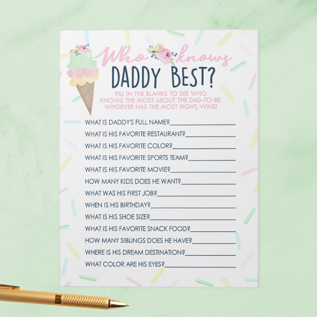 Ice Cream Who Knows Daddy Best Shower Game Pack Notepad (Who Knows Daddy Best Baby Shower Game Pack of 40 Game Sheets for Ice Cream Sprinkle Baby Shower)