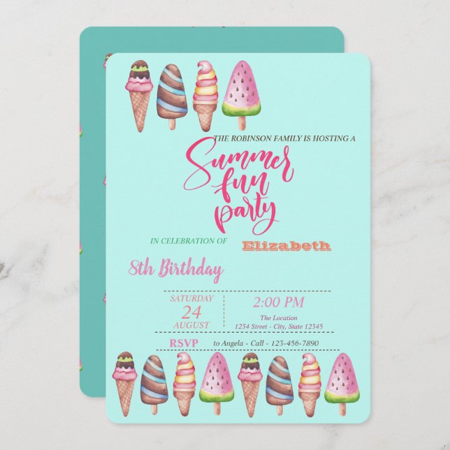 Ice Creams Cones Summer Birthday Party  Invitation (Front/Back)