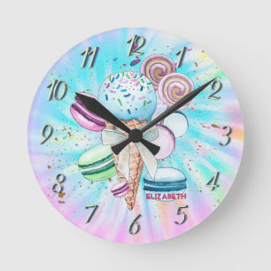 Ice Creams Macaroons Summer Tie Dye  Round Clock