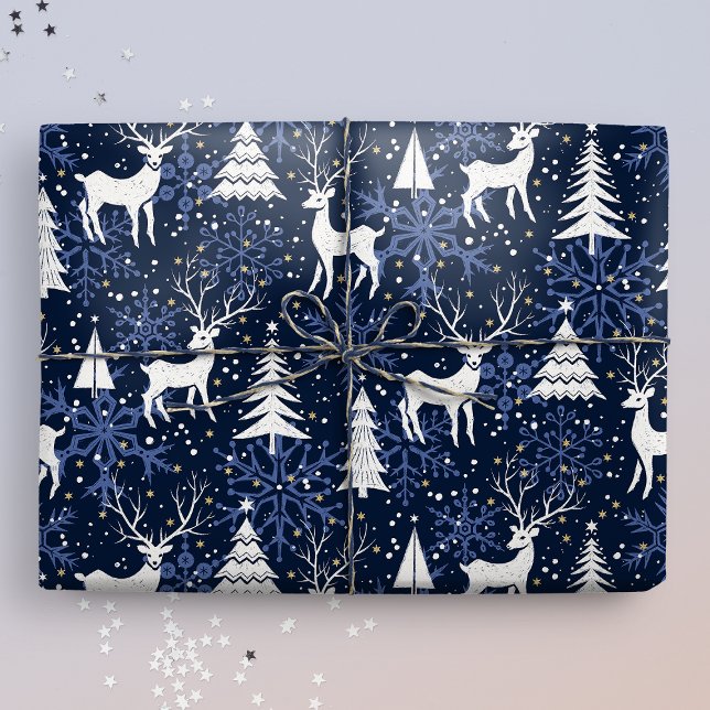 Ice Crystal Christmas Deer Cobalt Blue Wrapping Paper (Creator Uploaded)