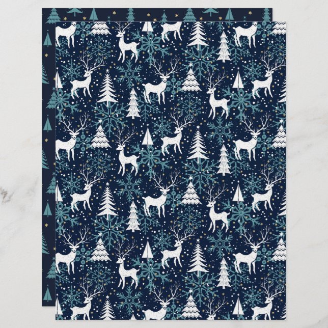 Ice Crystal Christmas Deer Teal Scrapbook Paper (Front/Back)