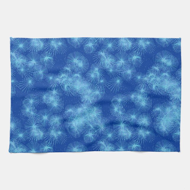 Ice crystal starbursts, blue background tea towel (Horizontal)
