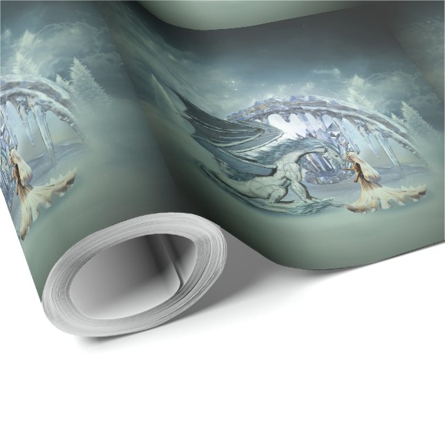 Ice dragon and ice princess in the winter landscap wrapping paper (Roll Corner)