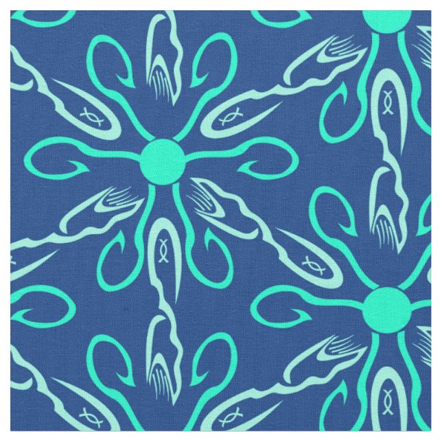 Ice Fisherman Snowflake Hexagon Pattern Fabric (Close Up)