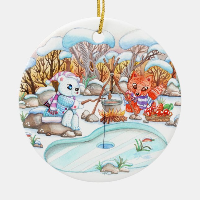 Ice Fishing Ceramic Ornament (Front)