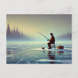 Ice Fishing on a misty frozen lake Postcard