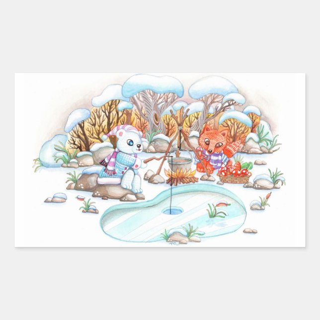 Ice Fishing Rectangular Sticker (Front)