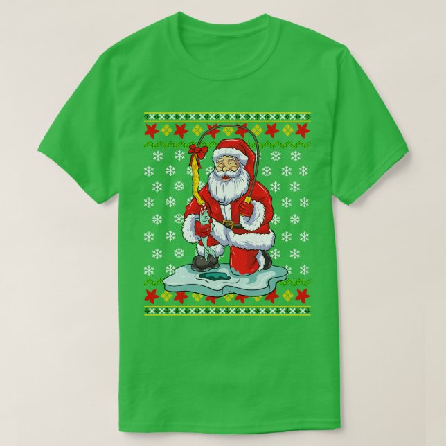 Ice Fishing Santa Claus Fisherman Ugly Christmas S T-Shirt (Design Front)
