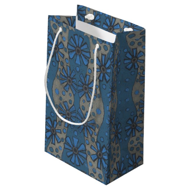 Ice flowers, blue & grey floral pattern, rustical small gift bag (Back Angled)