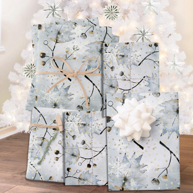Ice Grey Winter Holly Berries Golden Snowfall Wrapping Paper Sheet (Creator Uploaded)