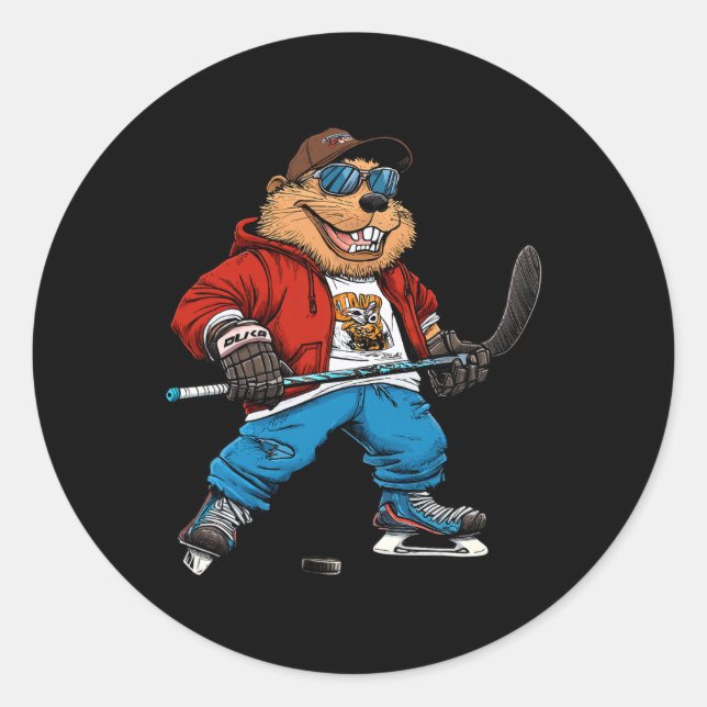 Ice Hockey Beaver  Classic Round Sticker (Front)