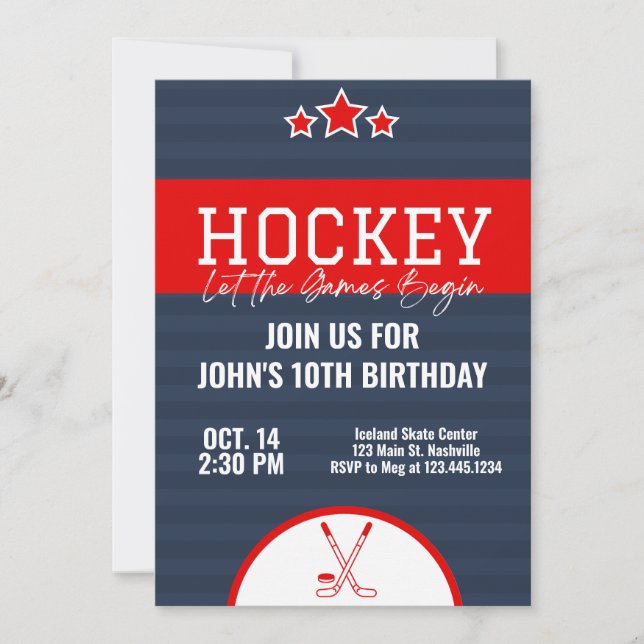 Ice Hockey Birthday Blue Red Stripe Invitation (Front)