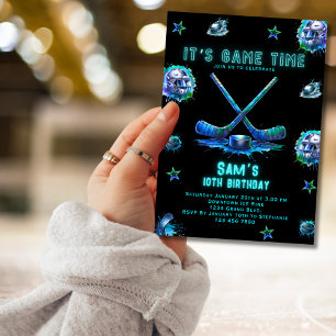 Ice Hockey Birthday Invitation Boys Neon Party