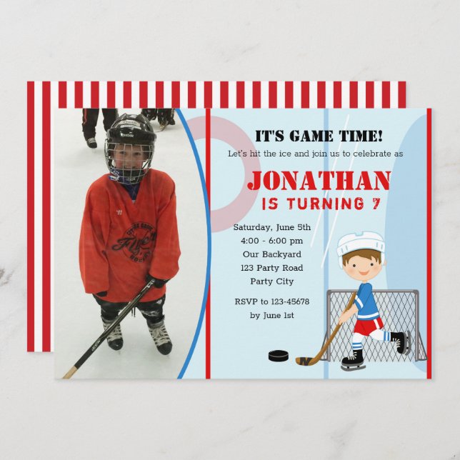 Ice Hockey Birthday Invitations Photo Boy Brunette (Front/Back)