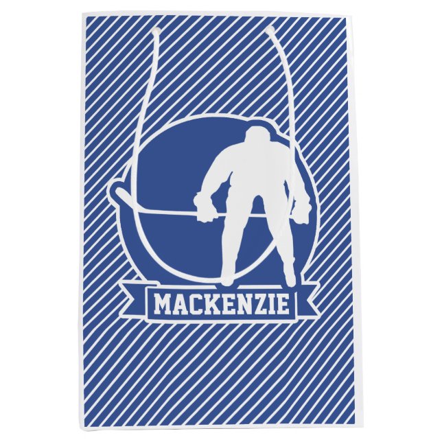 Ice Hockey, Blue & White Stripes, Sports Medium Gift Bag (Front)