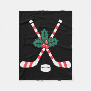 Ice Hockey Christmas Candy Cane Hockey Stick Xmas Fleece Blanket