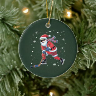 Ice Hockey Christmas Santa Playing Ice Sports Team Ceramic Ornament