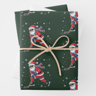 Ice Hockey Christmas Santa Playing Ice Sports Team Wrapping Paper Sheet
