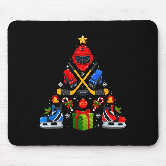 Ice Hockey Christmas Tree Lights Red Santa Hat Xma Mouse Pad (Front)