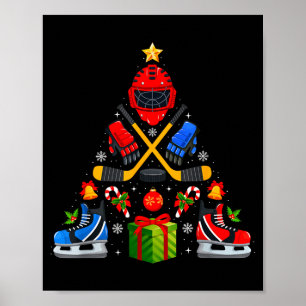 Ice Hockey Christmas Tree Lights Red Santa Hat Xma Poster
