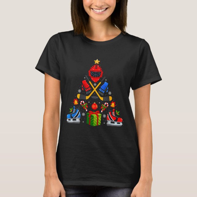Ice Hockey Christmas Tree Lights Red Santa Hat Xma T-Shirt (Front)