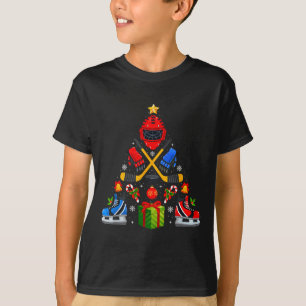 Ice Hockey Christmas Tree Lights Red Santa Hat Xma T-Shirt