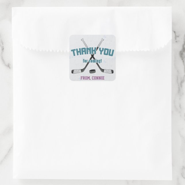 Ice Hockey Girls Purple Birthday Thank You Favour Square Sticker (Bag)