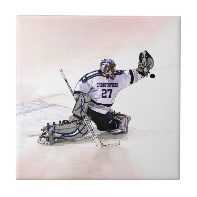 Ice Hockey Goalkeeper With Your Name Drawing Ceramic Tile (Front)