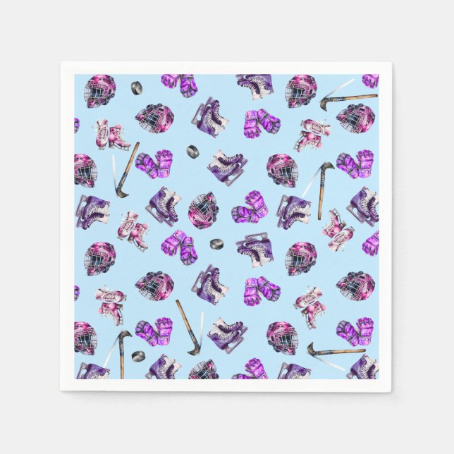 Ice Hockey Ice-Skating Girls Pink Purple Birthday  Napkin (Front)