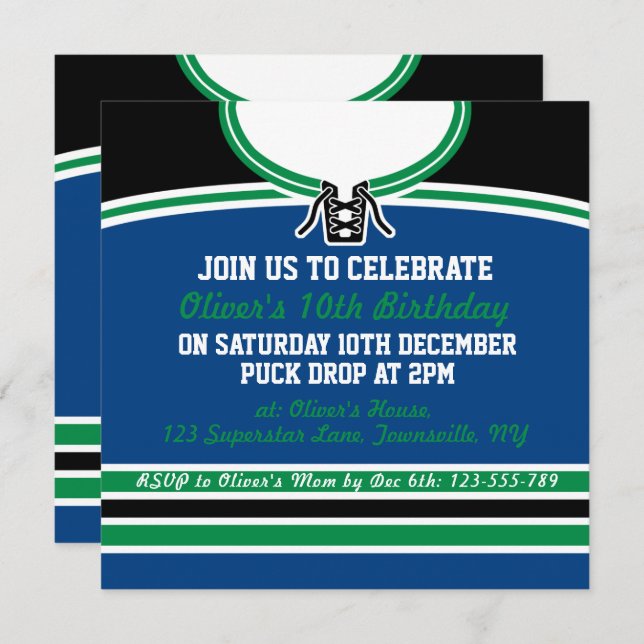Ice Hockey Jersey Themed Party Invites Template (Front/Back)
