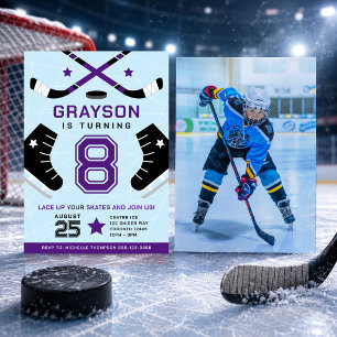 Ice Hockey Kids Birthday Party Purple Invitation