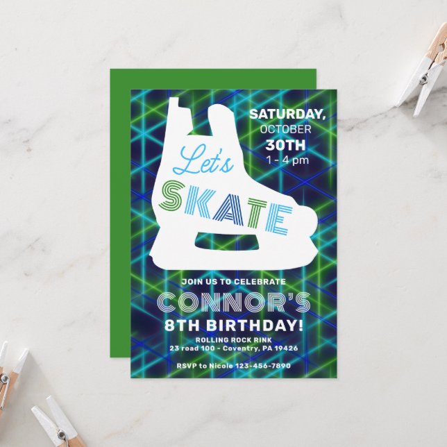 Ice Hockey Neon Glow Boys Birthday Party Invitation (Front/Back In Situ)
