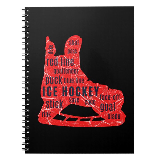Ice Hockey Notebook (red skate with hockey words) (Front)