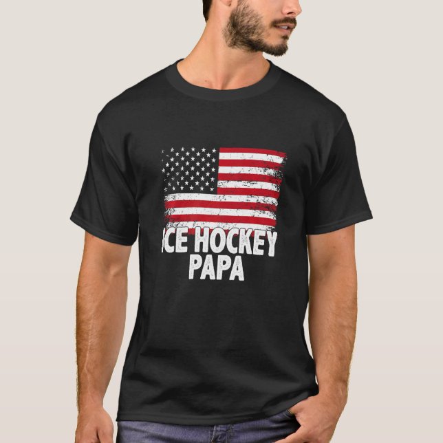 Ice Hockey Papa American Flag Father's Day Men's T-Shirt (Front)