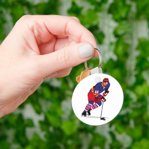 Ice Hockey Player in Action Red and Blue Team Key Ring