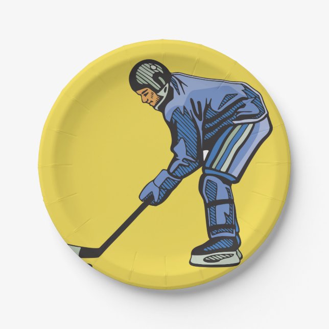 Ice Hockey Player in Blue Uniform Paper Plate (Front)