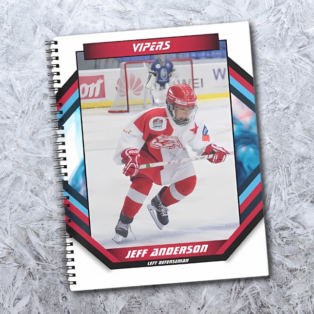 Ice Hockey Player Keepsake On Cool Red Custom Notebook (Capture the excitement of the ice hockey sport with this dynamic and customizable red blue notebook)